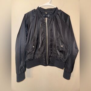 Free People Small Midnight Bomber Jacket Black Satin Pockets Ribbed Cuffs Zipper
